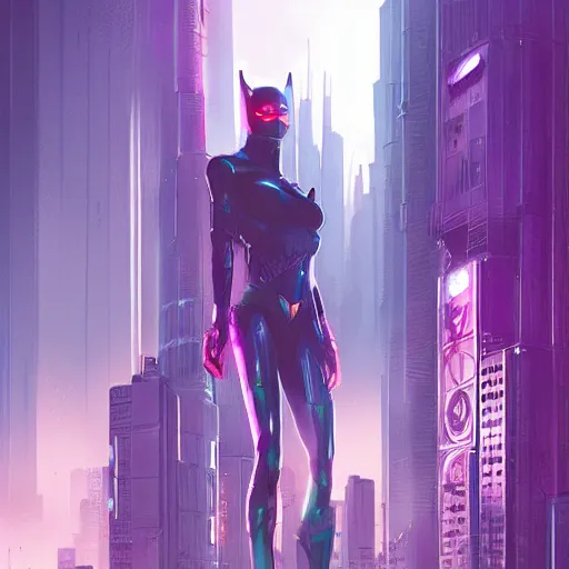 Image similar to batman beyond, cyberpunk, cityscape, purple sky, artgerm, greg rutkowski