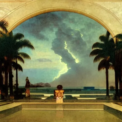 Image similar to Silhouette of two girls at the palace, thunderstorm, greek pool, beach and palm trees on the background major arcana sky, by paul delaroche, alphonse mucha and arnold böcklin arnold böcklin hyperrealistic 8k, very detailed