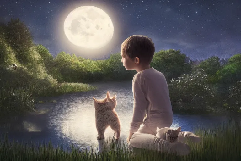 Image similar to portrait of a little boy and his cat, photorealistic face and skin tones, dreamy moonlit nightscape by the garden, lake house, smooth, matte painting, trending on artstation, 4 k, 8 k