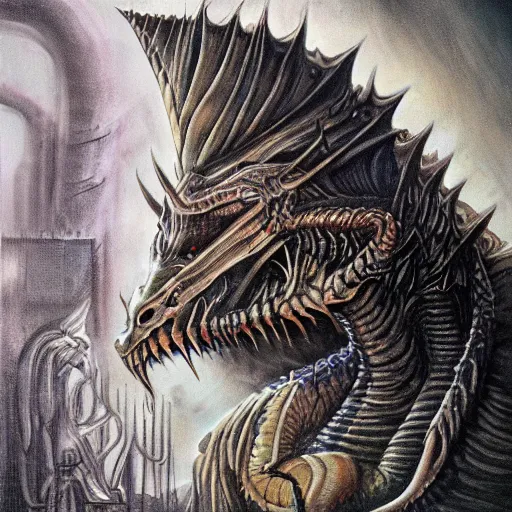 Image similar to Giger portrait of queen dragon, Dragon in dragon lair, HD, full body dragon concept, flying dragon, soft shading, soft colors, relaxed colors, hyperdetailed, wide angle lens, fantasy, futuristic horror, style of giger