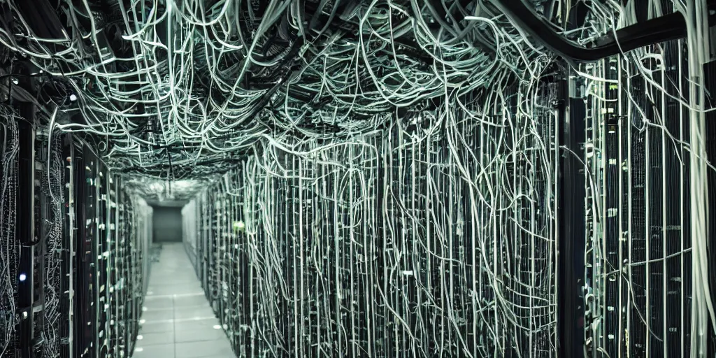 Prompt: a photo of the interior landscape of dystopian server racks with cables everywhere, 8 k, glowing, atmospheric, cinematic, bokeh, highly detailed, futuristic, wet.