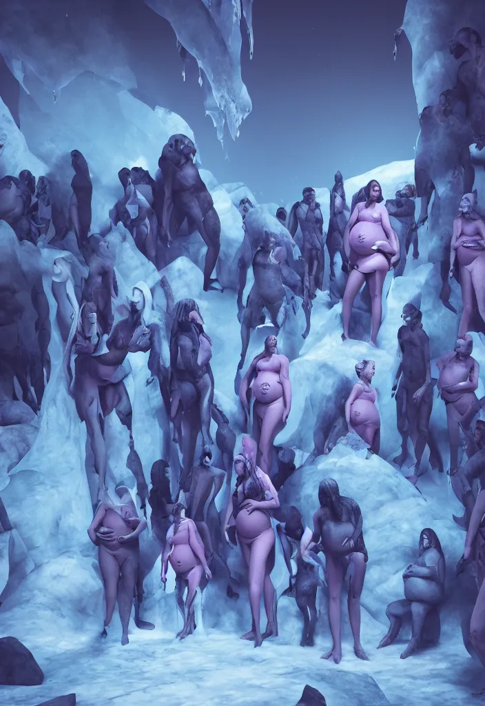 Image similar to epic leader pregnant woman talking to all her tribe with futuristic fluorescence mutant veins, proud people looking at the pregnant woman, ice cave, facinating, fantasy digital art, octane render, beautiful composition, trending on artstation, coherent, masterpiece, photorealistic