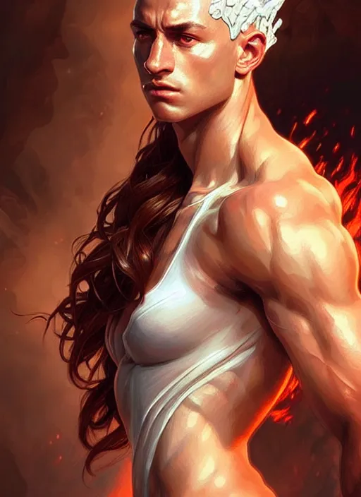 Image similar to portrait of aggressive eden hazard, d & d, muscular! white, fire, fantasy, intricate, elegant, highly detailed, digital painting, artstation, concept art, smooth, sharp focus, illustration, art by artgerm and greg rutkowski and alphonse mucha