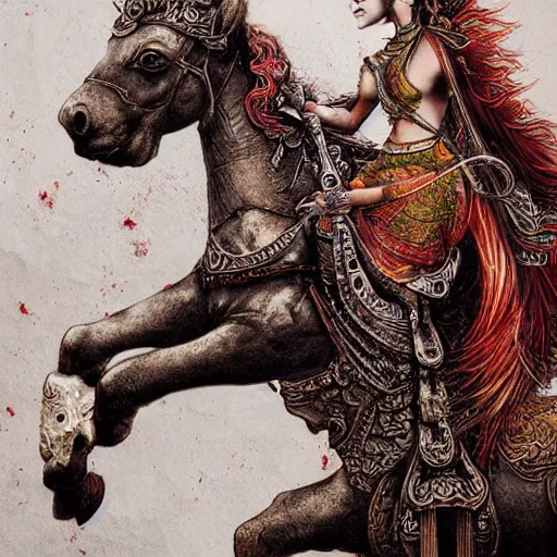 Image similar to Apsaras warrior riding a horse,traditional Chinese textures, hyper detailed, by Brook Shaden