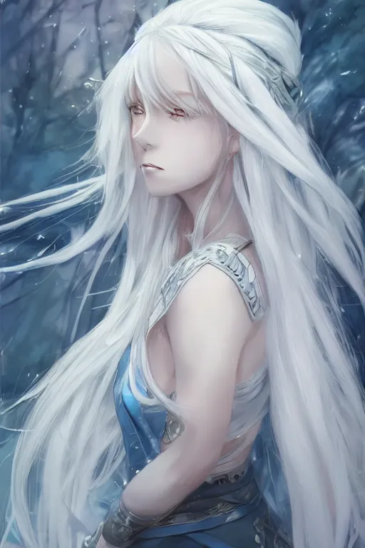 Image similar to an anime portrait of a white hair female viking, long wild hair, pale blue eyes, smirking, by WLOP, Stanley Artgerm Lau, Rossdraws, James Jean, Andrei Riabovitchev, Marc Simonetti, and Sakimichan, trending on pixiv, fully clothed, fully dressed