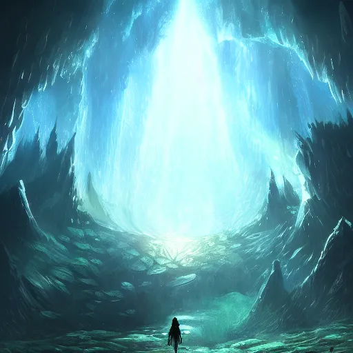 Image similar to glowing crystal cave, fantasy art in the style of Anato Finnstark, HD wallpaper, concept art, trending on art station