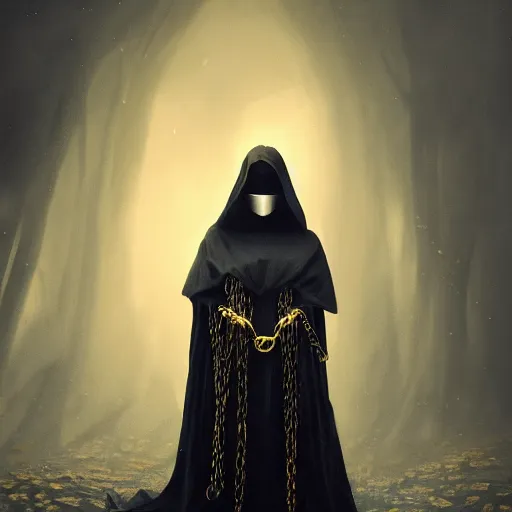 Image similar to a portrait of a young woman wearing a long dark cloak, hood and shadows covering face, holding golden chains, oil painting, matte painting, black background, Volumetric Golden dappled dynamic lighting, Highly Detailed, Cinematic Lighting, Unreal Engine, 8k, HD, by Beksinski