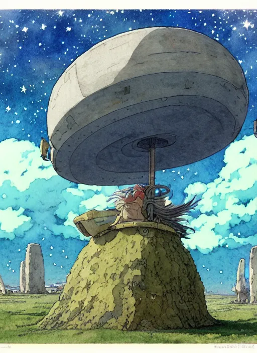 Image similar to hyperrealist studio ghibli watercolor fantasy concept art of a giant ufo from howl's moving castle sitting on stonehenge like a stool. it is a misty starry night. by rebecca guay, michael kaluta, charles vess