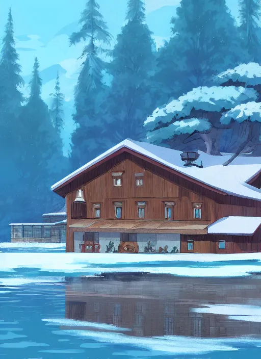 Prompt: a lake house in winter, trending on artstation, ghibli style, anime, concept art,