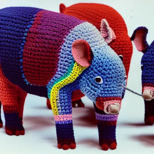 Image similar to multicolored crocheted tapirs, 1 9 8 0 s catalogue photo