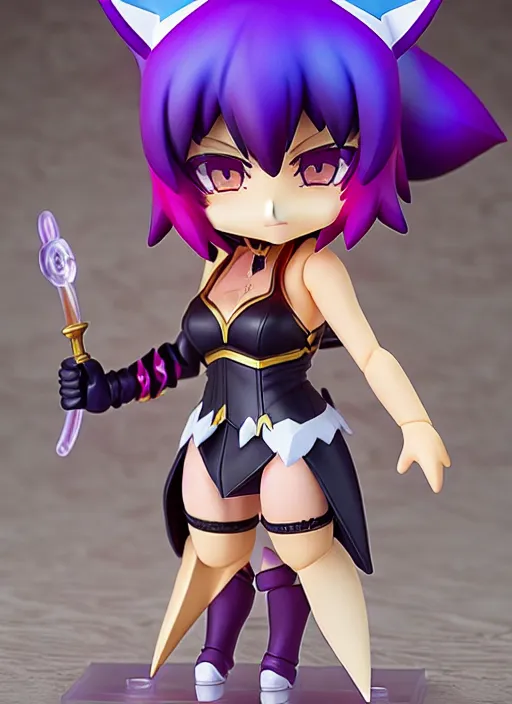 Image similar to arty kda ahri from league of legends nendoroid full body hyperdetalied, hero action pose, osamu tezuka, macoto takahashi, chibi, q posket, 8 k realistic, 3 d, cryengine, exquisite, two hands, focus, symmetrical face, artstation, frostbite 3 engine, cryengine