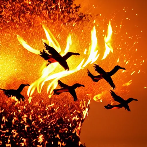 Prompt: fire breathing geese, geese spitting fire, fire from mouth, flame thrower