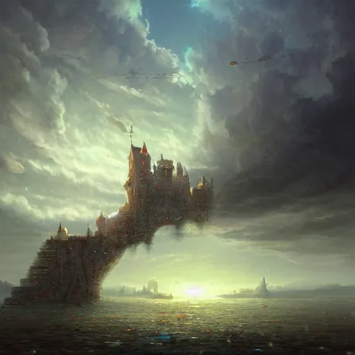 Image similar to a painting of a city castle floating in the air, flying island, levitating citadel, a matte painting by marc simonetti, deviantart, fantasy art, apocalypse landscape, matte painting, apocalypse art