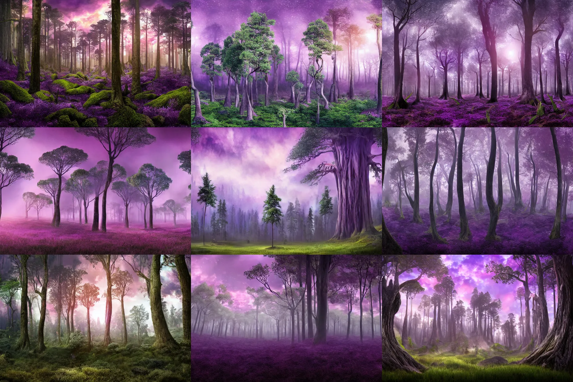 Prompt: inside of a giant upside down forest with gigantic trees with the purple sky dawn, cinematic, a lot of trees on the hill photorealistic matte painting