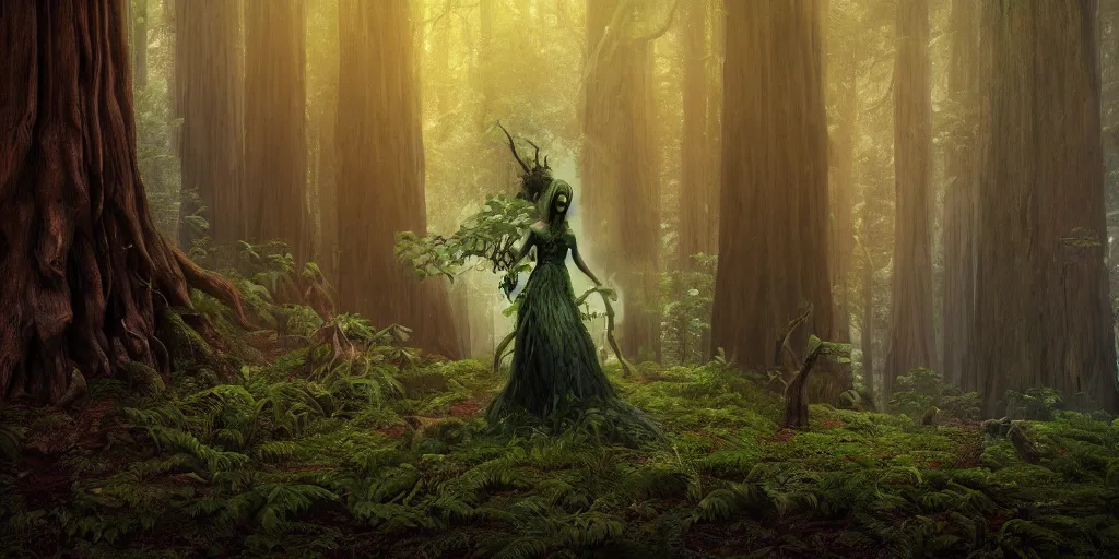 Prompt: detailed matte painting of a magical dryad witch in a redwood forest, dramatic lighting and composition, highly detailed, spells, magic, surreal background, octane render, pixar, trending on artstation, concept art, comic book, volumetric lighting 8 k