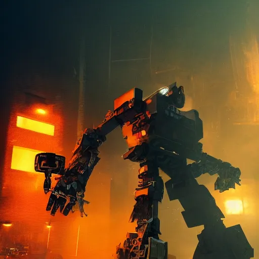 Image similar to toaster mecha head, dark messy smoke - filled cluttered workshop, dark, dramatic lighting, orange tint, sparks, cinematic, highly detailed, sci - fi, futuristic, movie still