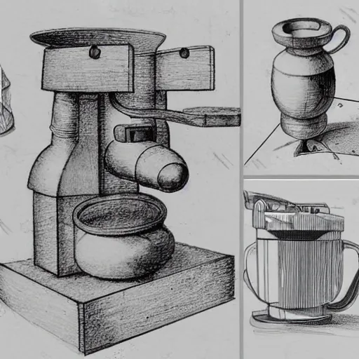 Prompt: various sketches of a futuristic coffee grinder in the style of leonardo da vinci, ultra detailed, scribbles, technical drawing, engineering blueprints