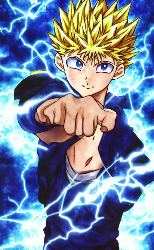 Image similar to Killua from HxH doing God speed electricity, 8k, digital art, drawn by j.c. leyendecker, amazing quality