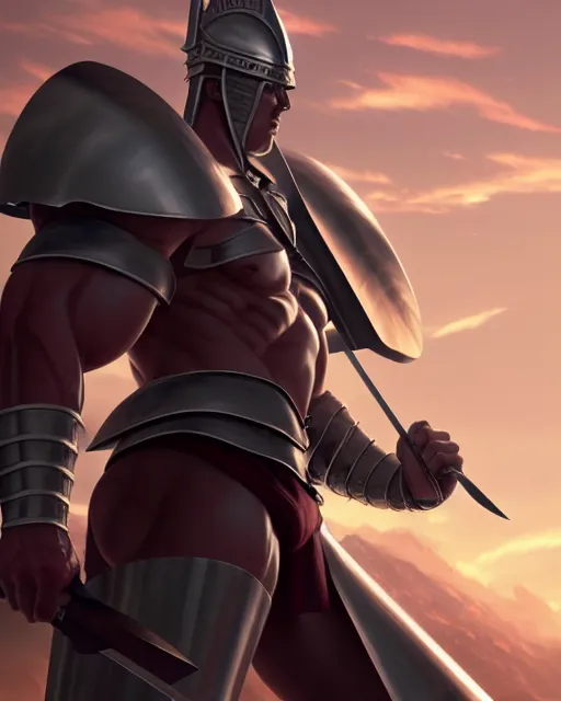 Prompt: strong muscular warrior with a greatsword and fully clad in plate armor, dramatic action pose, square masculine jaw, short messy hair, 3 d octane render, unreal engine 5, ultra high detail, cel shaded, trending on pixiv fanbox, by greg rutkowski makoto shinkai takashi takeuchi studio ghibli, akihiko yoshida