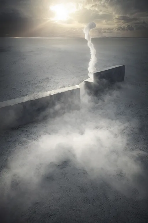 Prompt: a portal to another dimension made of white smoke in the middle of a design lounge crossed by the rays of the setting sun, michal karcz