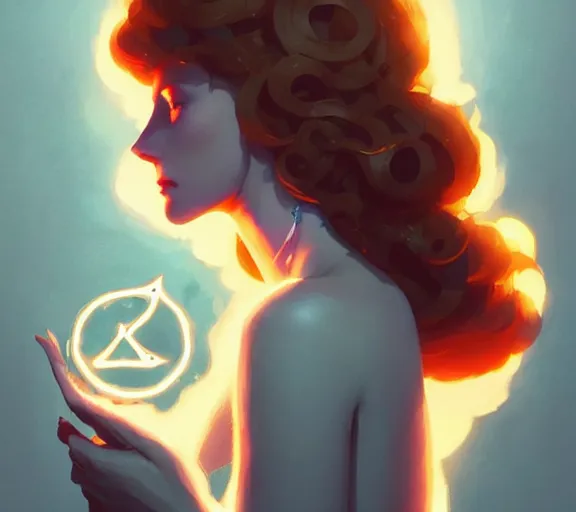 Image similar to portrait woman with long ginger curly hair, profane glowing rune, runes, by atey ghailan, by greg rutkowski, by greg tocchini, by james gilleard, by joe fenton, by kaethe butcher, by ashley wood, dynamic lighting, gradient light blue, brown, blonde cream and white color scheme, grunge aesthetic