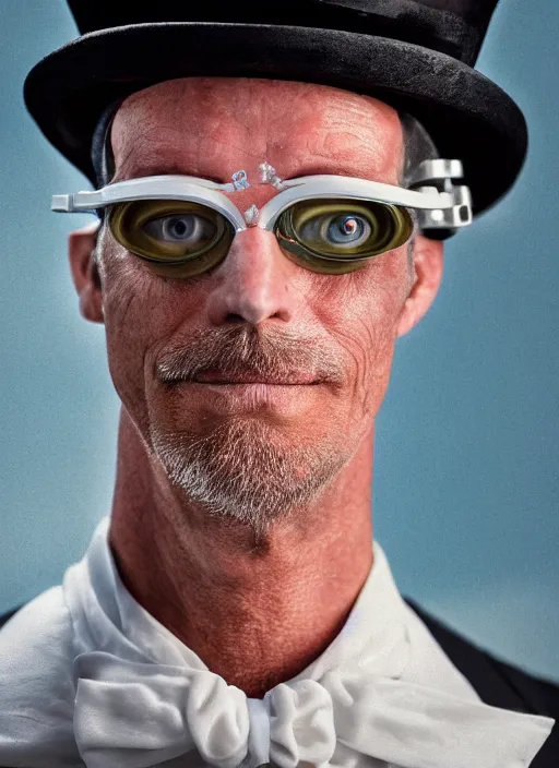 Image similar to closeup portrait of gary seven wearing a top hat and goggles, depth of field, zeiss lens, detailed, symmetrical, centered, fashion photoshoot, by Annie Leibovitz and Steve McCurry, David Lazar, Jimmy Nelsson, Breathtaking, 8k resolution, extremely detailed, beautiful, establishing shot, artistic, hyperrealistic, beautiful face, octane render