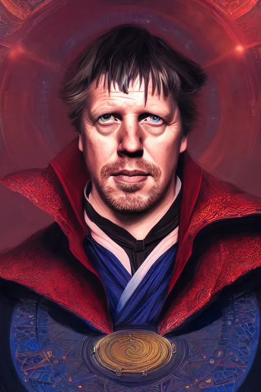 Prompt: Boris Johnson as Doctor Strange, realistic portrait, symmetrical, highly detailed, digital painting, artstation, concept art, smooth, sharp focus, illustration, cinematic lighting, art by artgerm and greg rutkowski and alphonse mucha