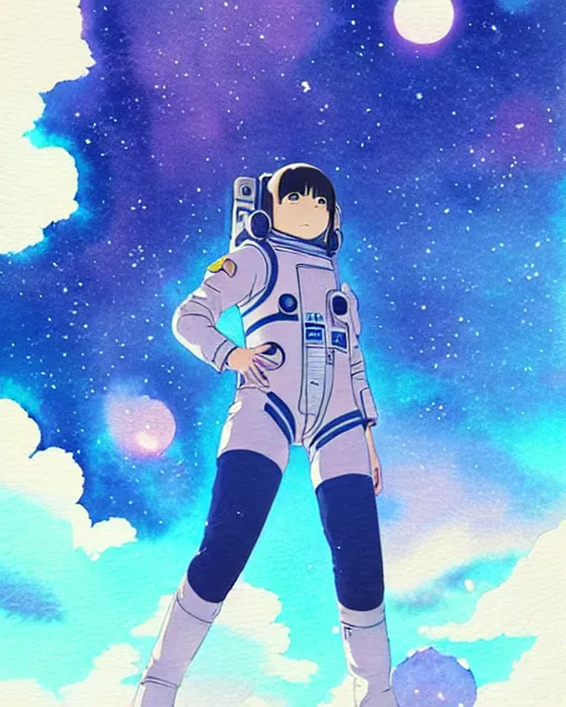 Image similar to oriental water color of a thicc female astronaut, floating through space, backlit, by makoto shinkai