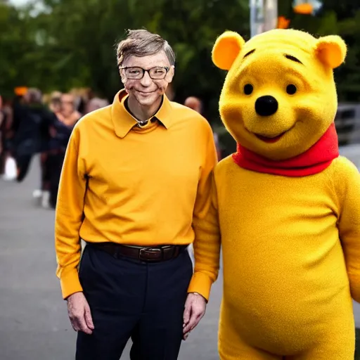 Image similar to bill gates cosplaying as winnie the pooh, bill gates wearing winnie the pooh costume, cosplay award winner