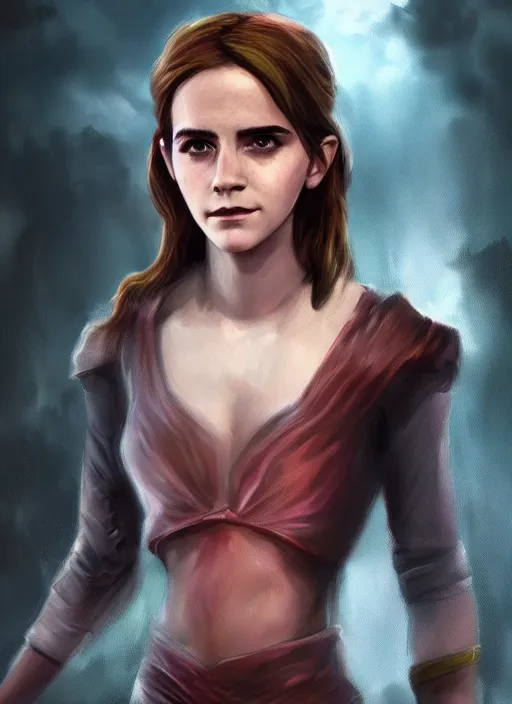 Prompt: A fantasy comic book style portrait painting of a emma watson, unreal 5, DAZ, hyperrealistic, octane render, cosplay, RPG portrait, dynamic lighting