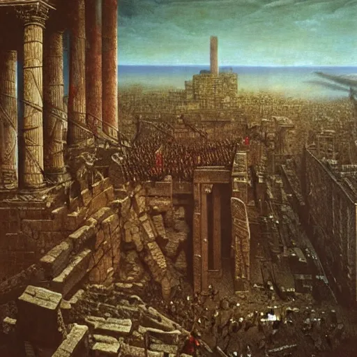 Prompt: the assassination of julius caesar in the ruins of new york, highly detailed beksinski art