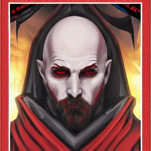 Image similar to d & d painting portrait necromancer man with bald head, red eyes, pallid skin, long flowing black and red robes. in style of larry elmore