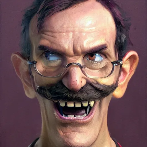 Prompt: portrait painting waluigi, silly, angry, rolling his eyes, painted by greg rutkowski, soft, sharp details, hyper realistic