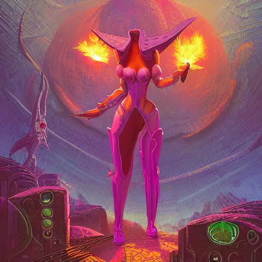 Image similar to fantastic detailed 3 d matte painting of a cyber sorceress, color scheme, by moebius by vanessa lemen by paul lehr by dan mumford