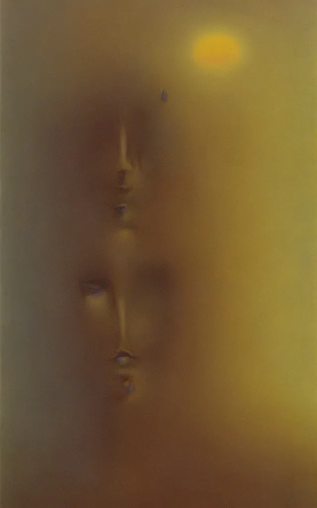 Image similar to iridescent spirit of desire and fear cruel beautiful spirit (androgynous) with golden eyes lunar mythos ambient fog, award winning oil painting by Zdzisław Beksiński, distinct color palette