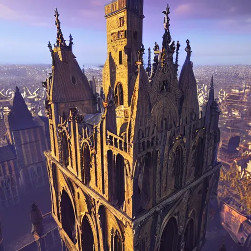 Prompt: gothic medieval city that looks like a tall, ornate birthday cake from bird\'s-eye view, golden hour, game by hidetaka miyazaki, hdr raytracing, highly detailed, cryengine