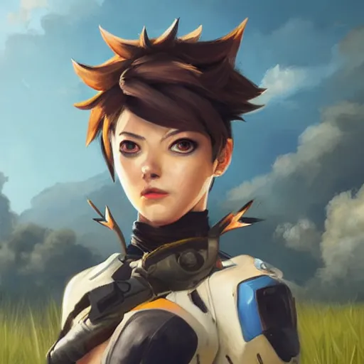 Image similar to oil painting of tracer overwatch in a field wearing thick spiked collar around neck, in style of greg rutkowski, expressive face, wearing choker, large steel collar, steel choker, wearing collar on neck, detailed face, detailed eyes, full body, feminine face, tracer overwatch,
