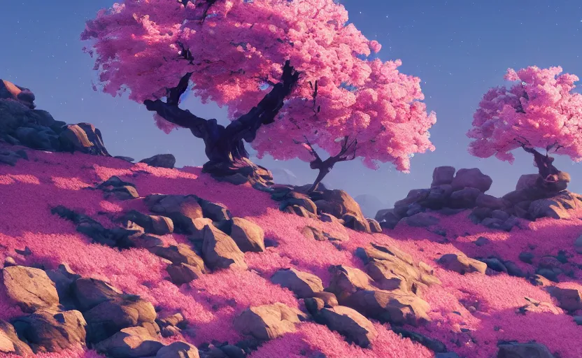 Prompt: cherry blossoms in the rocky hills, Low level, rendered by Beeple, Makoto Shinkai, syd meade, simon stålenhag, synthwave style, digital art, unreal engine, WLOP, trending on artstation, 4K UHD image, octane render,