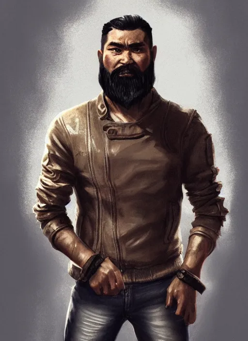 Image similar to a highly detailed illustration of bearded asian man wearing leather jacket with bandaged right hand, focused boxing philly shell stance pose, hands shielding face, intricate, elegant, highly detailed, centered, digital painting, artstation, concept art, smooth, sharp focus, league of legends concept art, WLOP