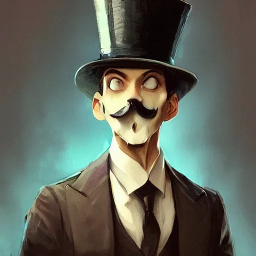 Image similar to dapper fancy luigi wearing a top hat, smirking deviously, painted by greg rutkowski, wlop, artgerm, dishonored 2