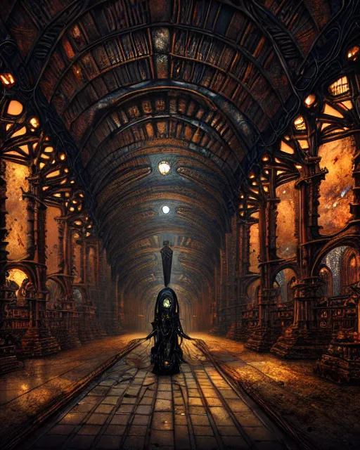 Image similar to steam necropolis, memento mori, gothic, neo - gothic, art nouveau, hyperdetailed copper patina medieval icon, stefan morrell, philippe druillet, ralph mcquarrie, concept art, steampunk, unreal engine, detailed intricate environment, octane render, moody atmospherics, volumetric lighting, ultrasharp, ominous, otherworldly