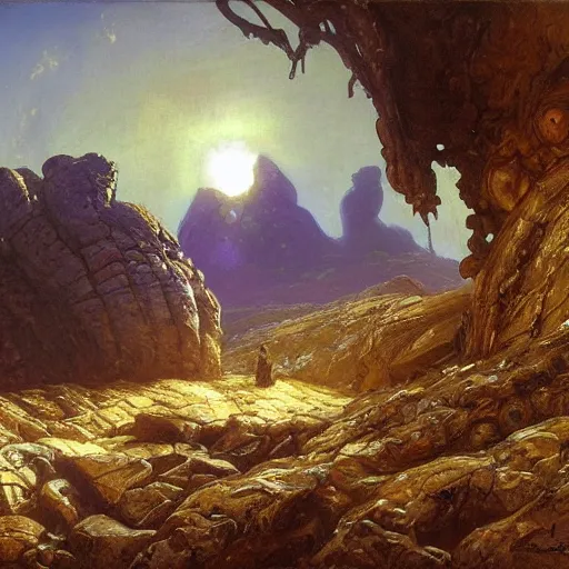 Image similar to painting of hr giger artlilery scifi organic shaped rocky terrain with ornate metal work lands on a farm, fossil ornaments, volumetric lights, purple sun, andreas achenbach