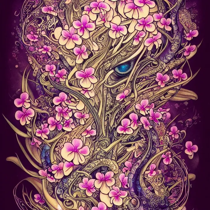 Image similar to extremely psychedelic tattoo design made of orchid and cherry blossom tree and mushroom, LSD tattoo design, diffuse lighting, fantasy, intricate, elegant, highly detailed, lifelike, photorealistic, digital painting, artstation, illustration, concept art, smooth, sharp focus, art by John Collier and Albert Aublet and Krenz Cushart and Artem Demura and Alphonse Mucha