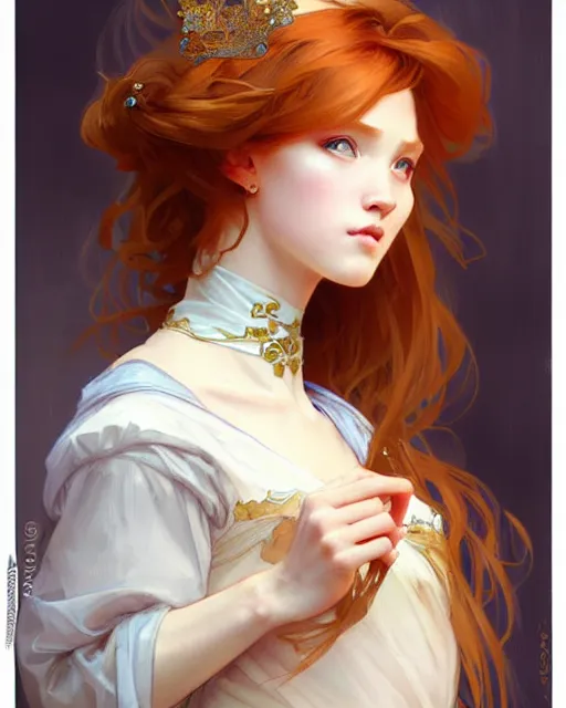 Image similar to a cool ginger girl. she is dressed as a princess. clean elegant painting, beautiful detailed face. by artgerm and greg rutkowski and alphonse mucha