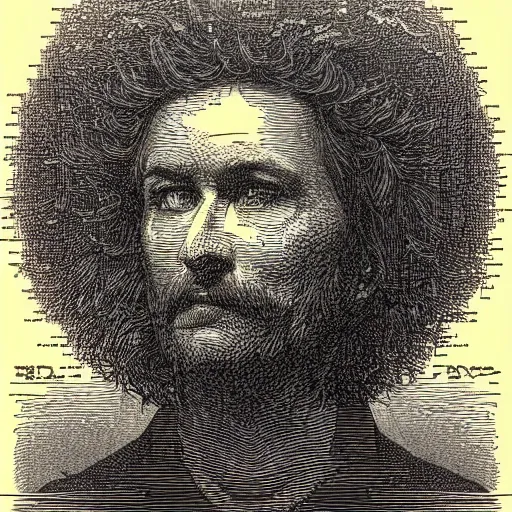 Image similar to A realistic portrait of the face that everyone in the world finds familiar by Gustave Dore in ASCII art style