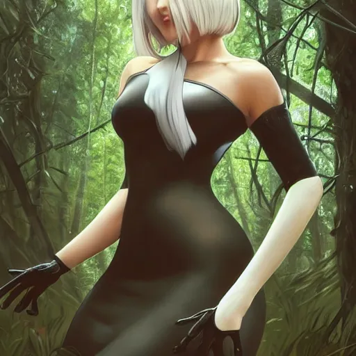 Image similar to full body portrait of 2 b nier automata wearing a skintight dress in a forest, large thighs, perfect face, intricate, elegant, highly detailed, digital painting, artstation, smooth, sharp focus, illustration, art by artgerm and greg rutkowski and alphonse mucha, 8 k