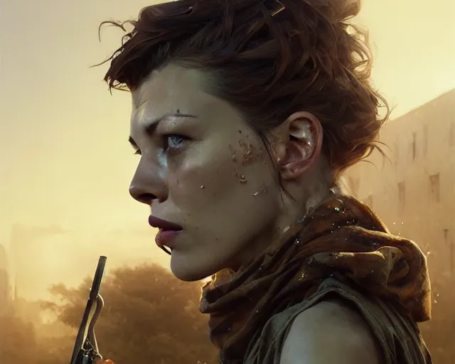 Image similar to highly detailed portrait of milla jovovich, in the walking dead, stephen bliss, unreal engine, fantasy art by greg rutkowski, loish, rhads, ferdinand knab, makoto shinkai and lois van baarle, ilya kuvshinov, rossdraws, tom bagshaw, global illumination, radiant light, detailed and intricate environment