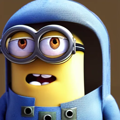 Prompt: an uncanny valley minion looking directly at the camera
