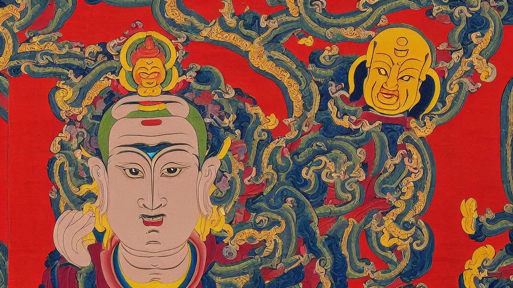Image similar to a fierce buddhist deity with the face of demented and crazy michel foucault philosopher, in the style of tibetan thanka painting