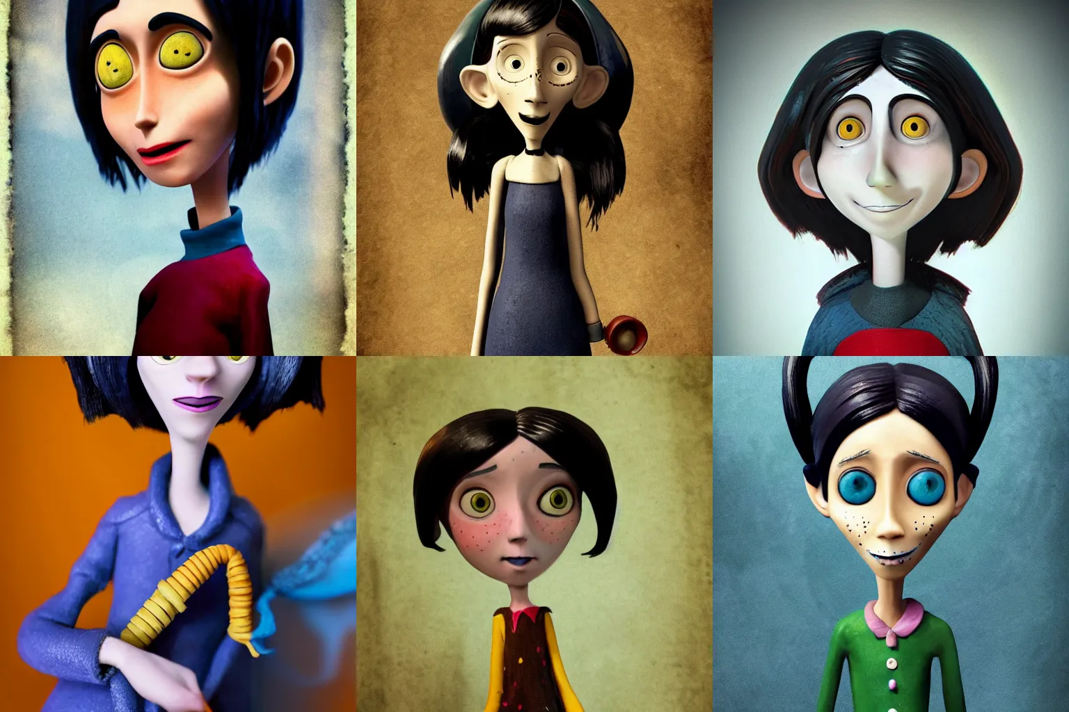 Prompt: an stylized portrait photo of coraline, beautiful stop motion character by laika studios
